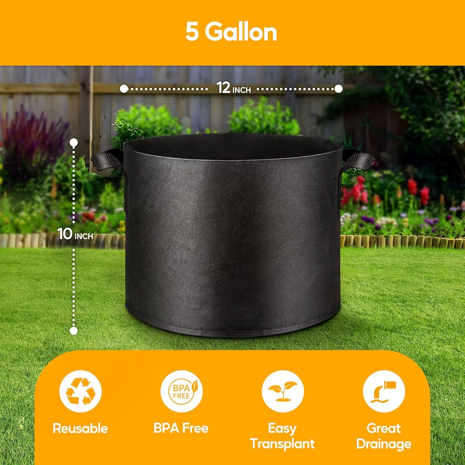 Simple Deluxe Grow Bags 5 Gallon 10 Pack Planter Pots with Handles, Thickened Nonwoven Fabric Aeration Cloth Bag, Heavy Duty Gardening for Tomoato, Potato, Vegetable, Herbs and Flowers, Black