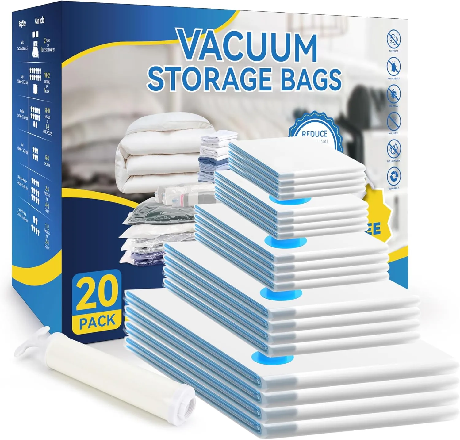 Simple Deluxe Vacuum Storage Bags 20 Pack, Space Saver Bags with Hand Pump, Vacuum Seal Bags for Clothing Travel, Comforters, Blankets, Bedding, Pillows (4 Jumbo/4 Large/4 Medium/4 Small/4 Roll M)