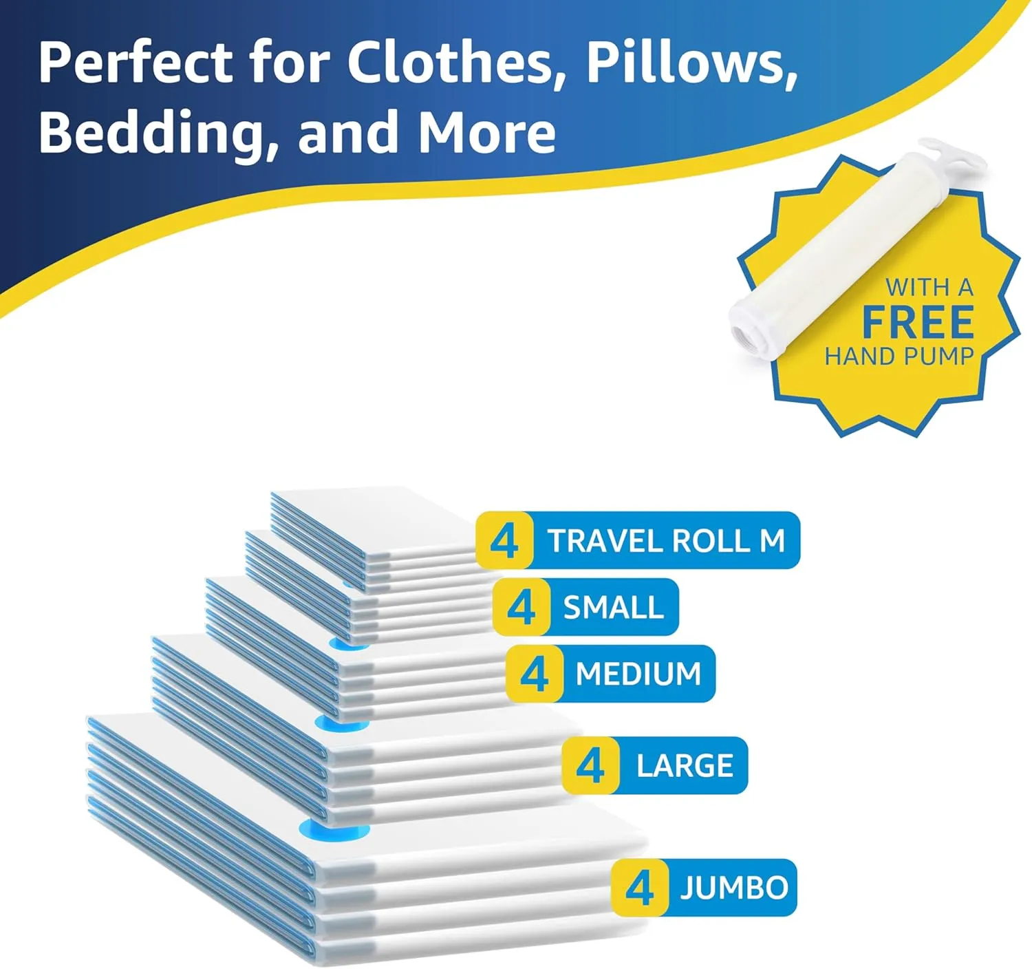 Simple Deluxe Vacuum Storage Bags 20 Pack, Space Saver Bags with Hand Pump, Vacuum Seal Bags for Clothing Travel, Comforters, Blankets, Bedding, Pillows (4 Jumbo/4 Large/4 Medium/4 Small/4 Roll M)