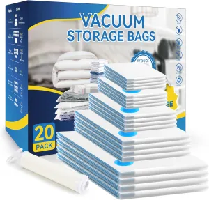 Simple Deluxe Vacuum Storage Bags 20 Pack, Space Saver Bags with Hand Pump, Vacuum Seal Bags for Clothing Travel, Comforters, Blankets, Bedding, Pillows (4 Jumbo/4 Large/4 Medium/4 Small/4 Roll M)