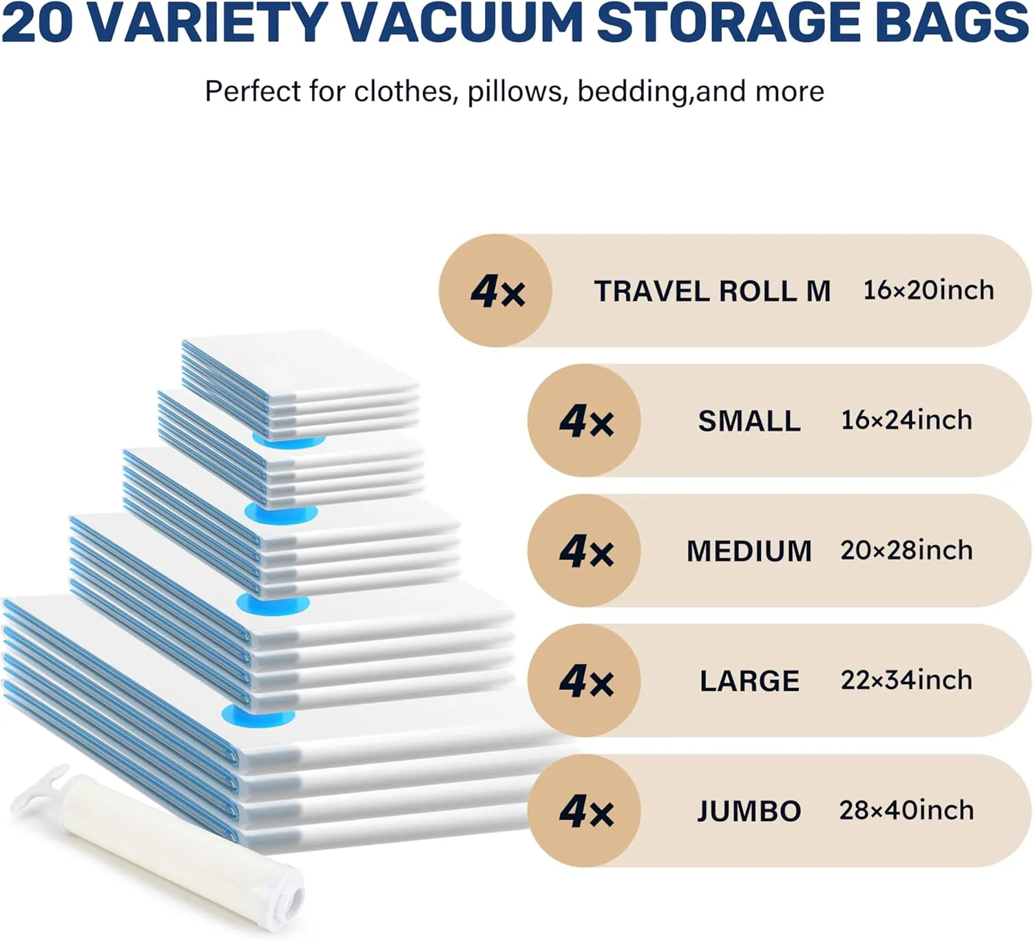 Simple Deluxe Vacuum Storage Bags 20 Pack, Space Saver Bags with Hand Pump, Vacuum Seal Bags for Clothing Travel, Comforters, Blankets, Bedding, Pillows (4 Jumbo/4 Large/4 Medium/4 Small/4 Roll M)