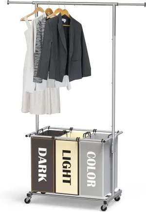 Simple Houseware 3-Bag Laundry Sorter with Extensible Clothes Hanging Rod, 3-Logoed Multi Color Bags