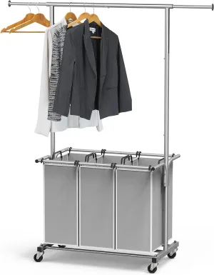 Simple Houseware 3 Bags Laundry Sorter with Extensible Clothes Hanging Rod