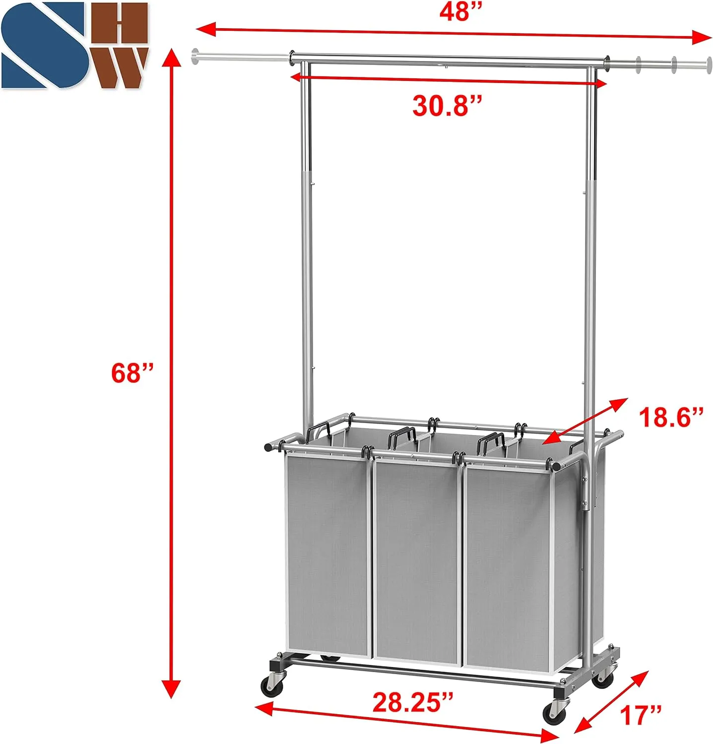 Simple Houseware 3 Bags Laundry Sorter with Extensible Clothes Hanging Rod