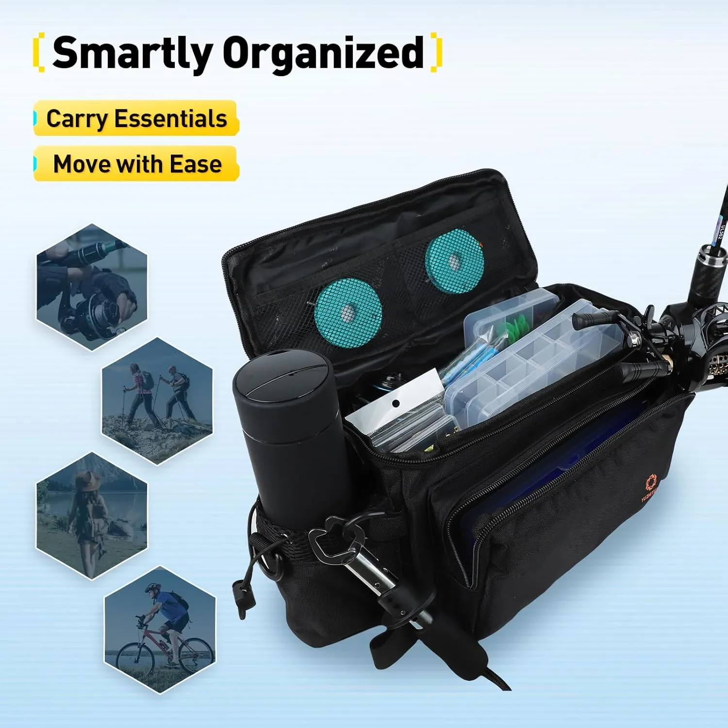 Small Fishing Bag with Rod Strap, Small Tackle Bag – Tackle Boxes & Gear,Portable & Lightweight, Move Freely, Cast Smoothly - Fishing Gifts for Men (Large - Black)