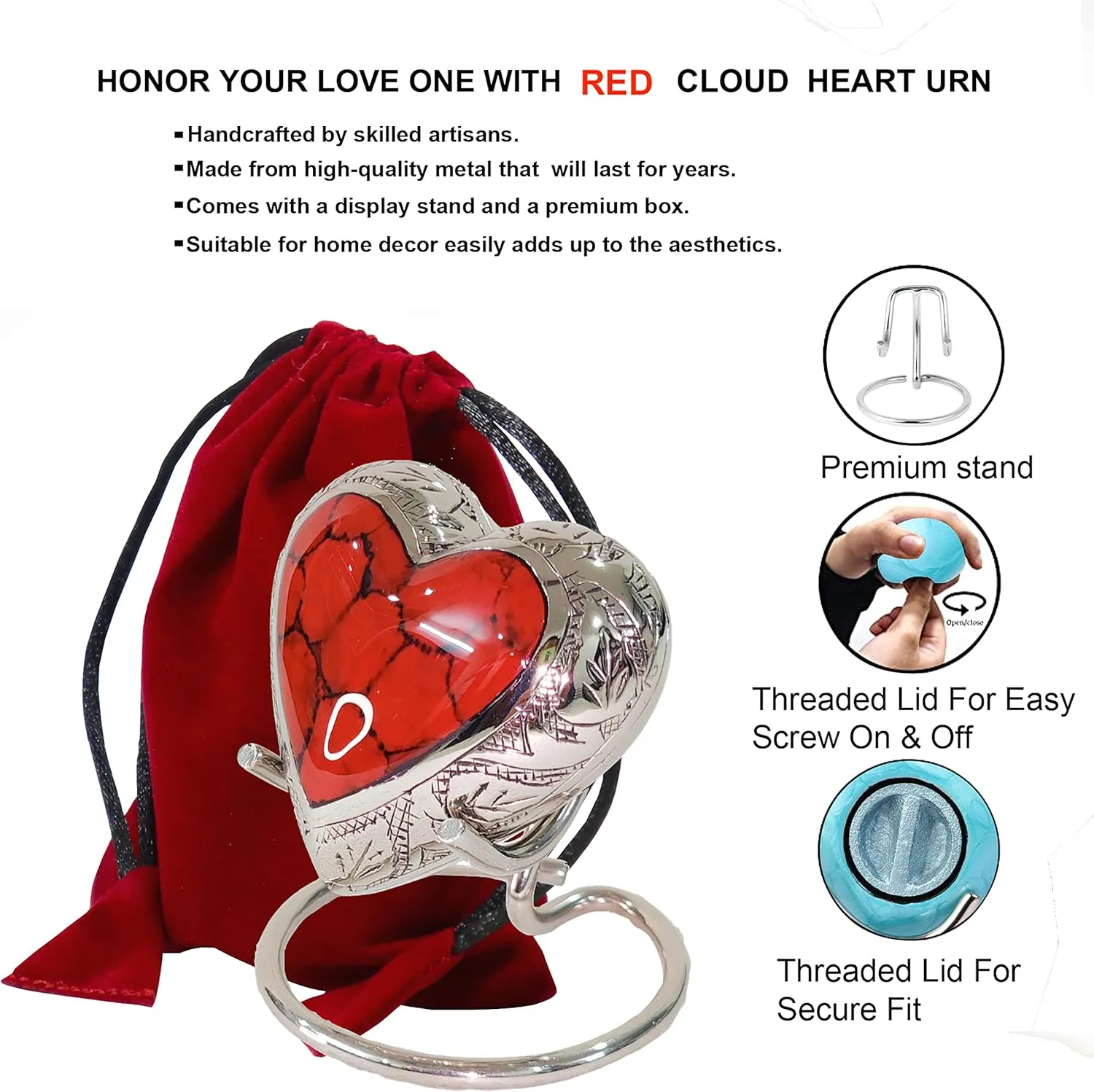 Small Love Heart Cremation Urn for Ashes | Mini Keepsake Funeral Ash Container for Human Remains with Display Stand, Velvet Carry Bag, Paper Funnel and Gift Box