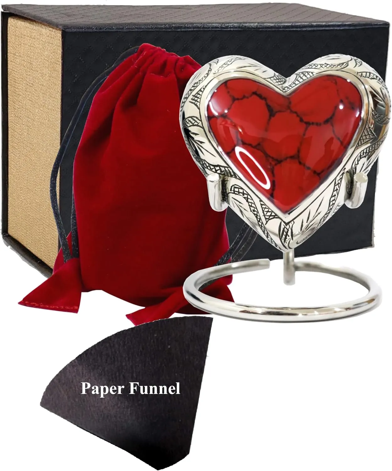 Small Love Heart Cremation Urn for Ashes | Mini Keepsake Funeral Ash Container for Human Remains with Display Stand, Velvet Carry Bag, Paper Funnel and Gift Box