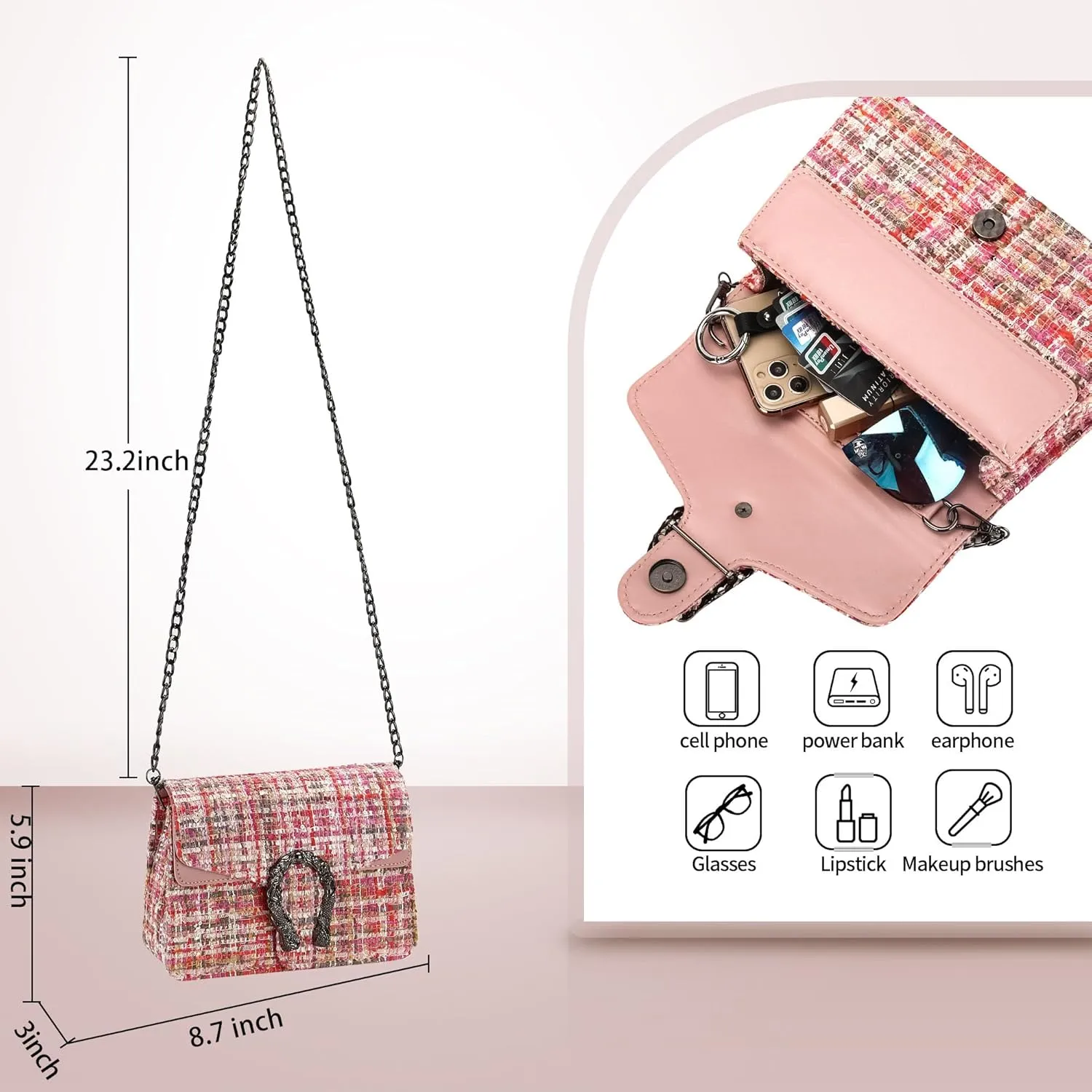 Small Quilted Crossbody Bag for Women Trendy Cute Ladies Shoulder Evening Bag Clutch with Chain Designer Tweed Purses