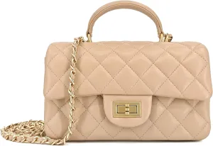 Small Quilted Crossbody Bags for Women, Genuine Leather Shoulder Bag w/Gold Chain Strap, Soft Mini Top Handle Flap Purse