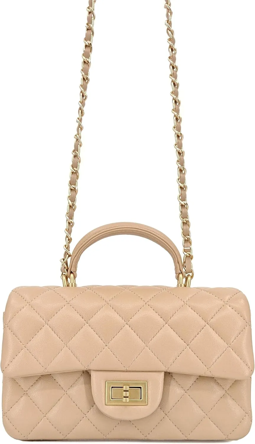 Small Quilted Crossbody Bags for Women, Genuine Leather Shoulder Bag w/Gold Chain Strap, Soft Mini Top Handle Flap Purse