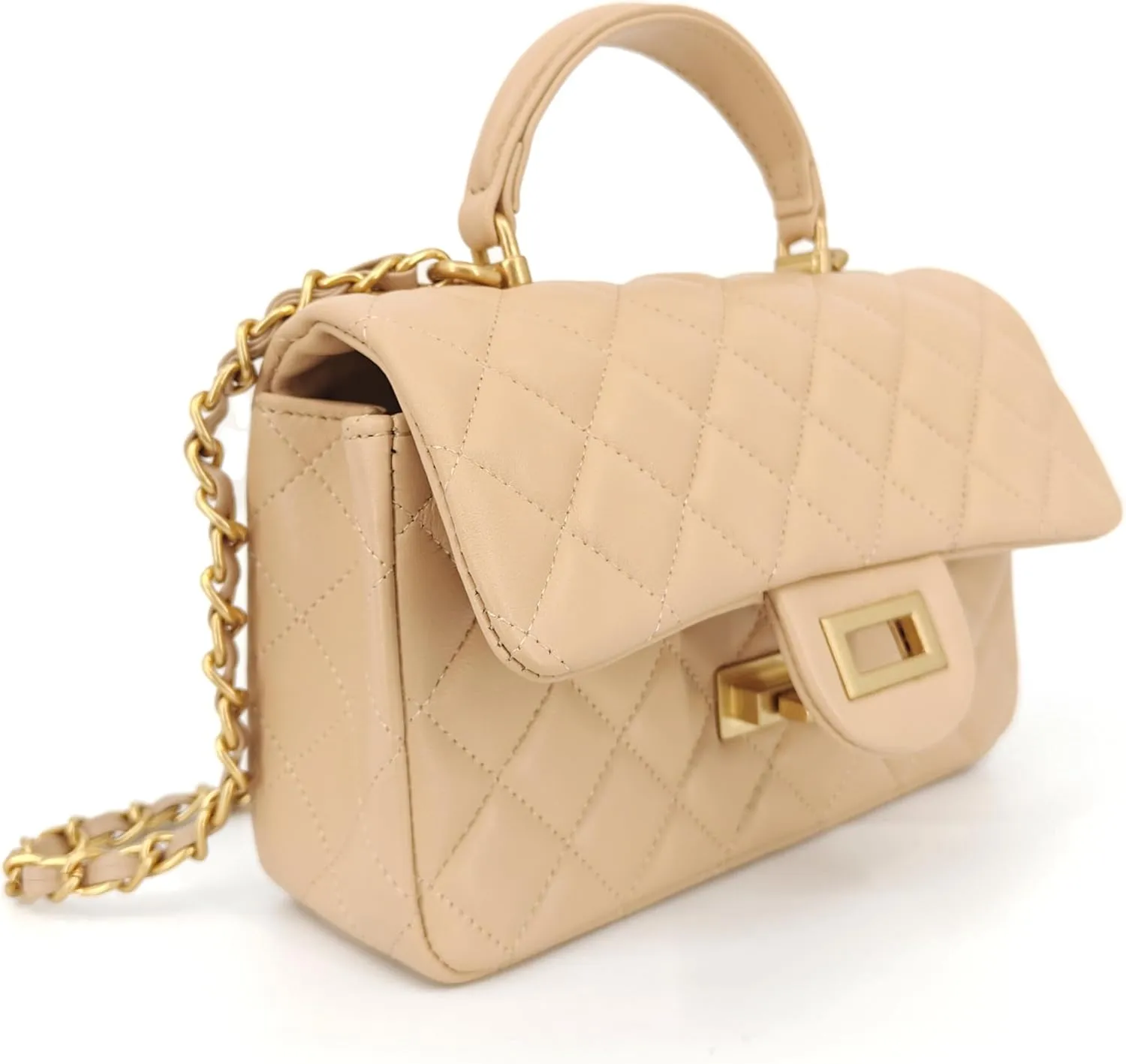 Small Quilted Crossbody Bags for Women, Genuine Leather Shoulder Bag w/Gold Chain Strap, Soft Mini Top Handle Flap Purse