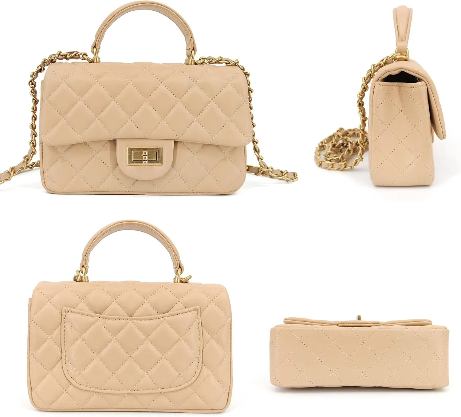 Small Quilted Crossbody Bags for Women, Genuine Leather Shoulder Bag w/Gold Chain Strap, Soft Mini Top Handle Flap Purse