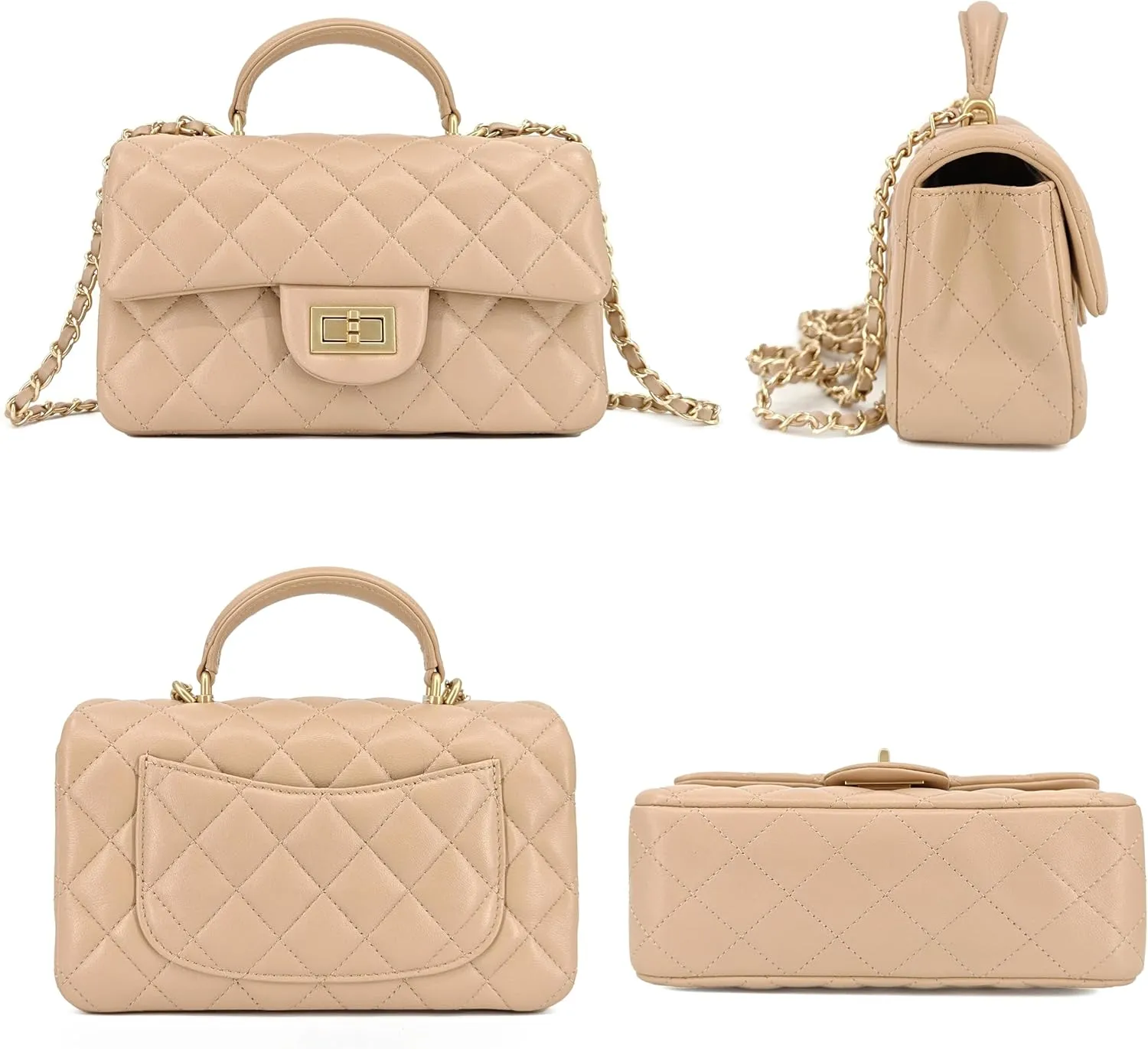 Small Quilted Crossbody Bags for Women, Genuine Leather Shoulder Bag w/Gold Chain Strap, Soft Mini Top Handle Flap Purse