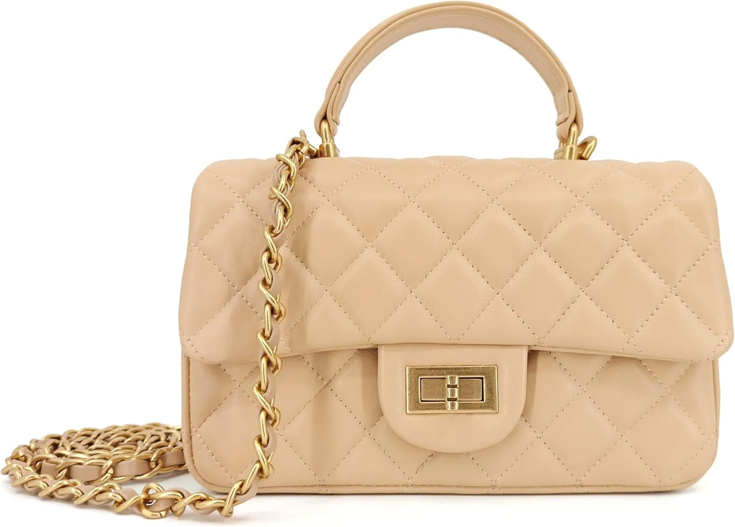 Small Quilted Crossbody Bags for Women, Genuine Leather Shoulder Bag w/Gold Chain Strap, Soft Mini Top Handle Flap Purse