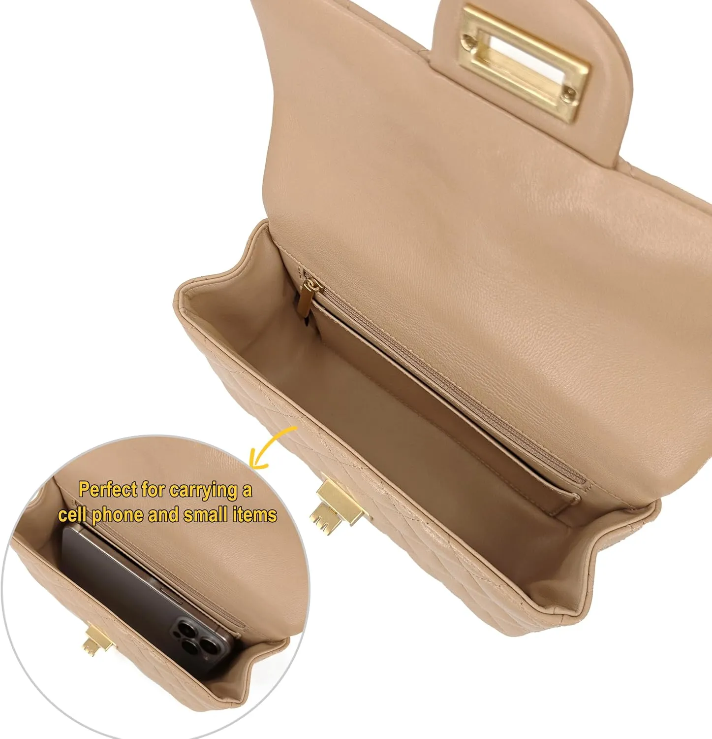 Small Quilted Crossbody Bags for Women, Genuine Leather Shoulder Bag w/Gold Chain Strap, Soft Mini Top Handle Flap Purse