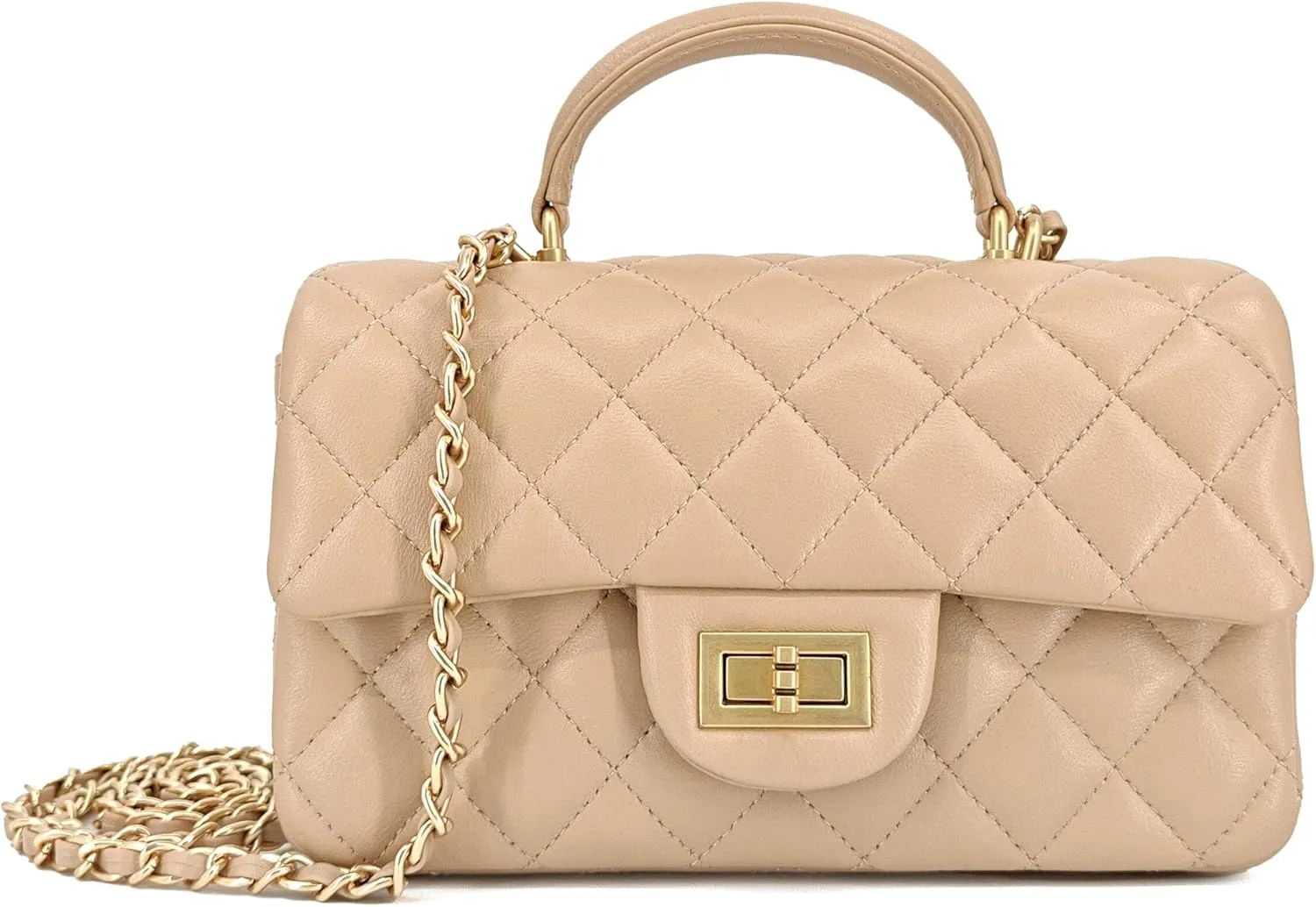 Small Quilted Crossbody Bags for Women, Genuine Leather Shoulder Bag w/Gold Chain Strap, Soft Mini Top Handle Flap Purse