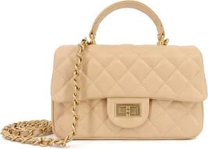 Small Quilted Crossbody Bags for Women, Genuine Leather Shoulder Bag w/Gold Chain Strap, Soft Mini Top Handle Flap Purse