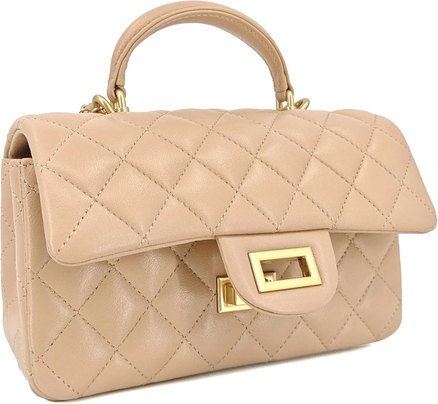 Small Quilted Crossbody Bags for Women, Genuine Leather Shoulder Bag w/Gold Chain Strap, Soft Mini Top Handle Flap Purse