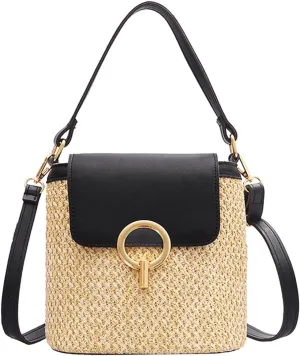 Small Straw Bucket Bags for Women Summer Crossbody Bags Lady Travel Purses and Handbags Female Shoulder Simple Bag Black