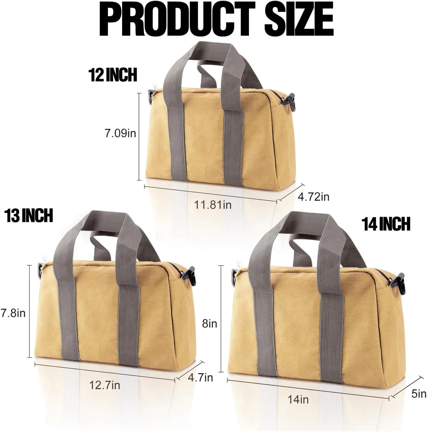 Small Tool Bag, Canvas Tool Storage Bag, Large Capacity Multipurpose Zipper Soft Tote Organizer Pouch, for Electrician, Plumbing, Gardening,Tools Bags for Men (khaki, 14 Inch)