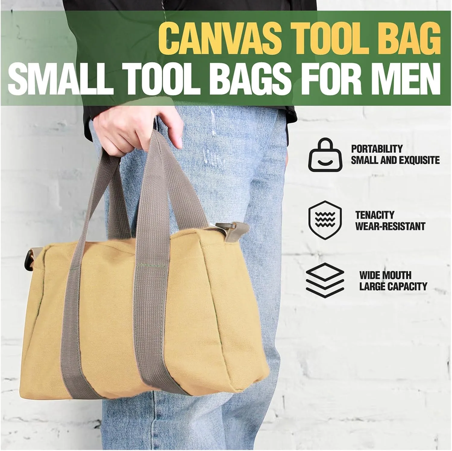 Small Tool Bag, Canvas Tool Storage Bag, Large Capacity Multipurpose Zipper Soft Tote Organizer Pouch, for Electrician, Plumbing, Gardening,Tools Bags for Men (khaki, 14 Inch)