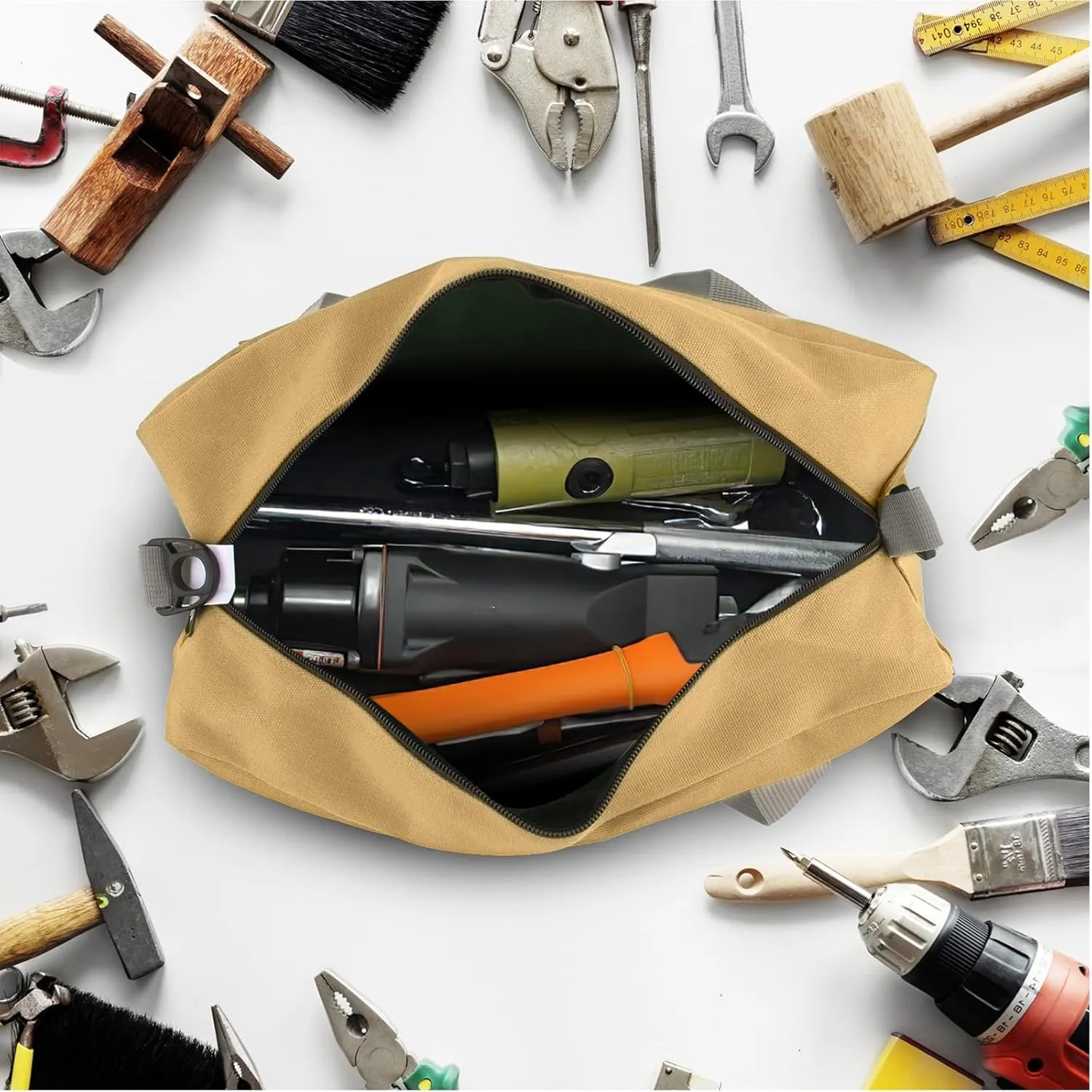 Small Tool Bag, Canvas Tool Storage Bag, Large Capacity Multipurpose Zipper Soft Tote Organizer Pouch, for Electrician, Plumbing, Gardening,Tools Bags for Men (khaki, 14 Inch)
