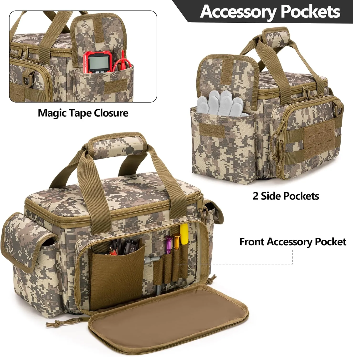 Small Tool Bag with Anti-friction and Thick Padded Bottom, Tool Storage Organizer for Men, Tactical Range Bag, Multi-functional Work Bag for Repairman, Electrician, Carpenters (Camo)