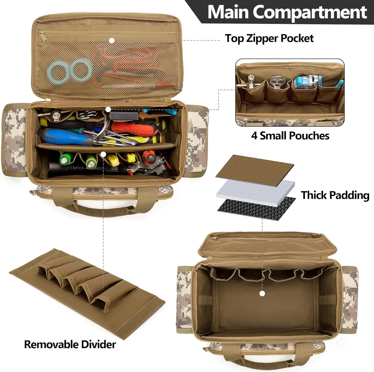 Small Tool Bag with Anti-friction and Thick Padded Bottom, Tool Storage Organizer for Men, Tactical Range Bag, Multi-functional Work Bag for Repairman, Electrician, Carpenters (Camo)