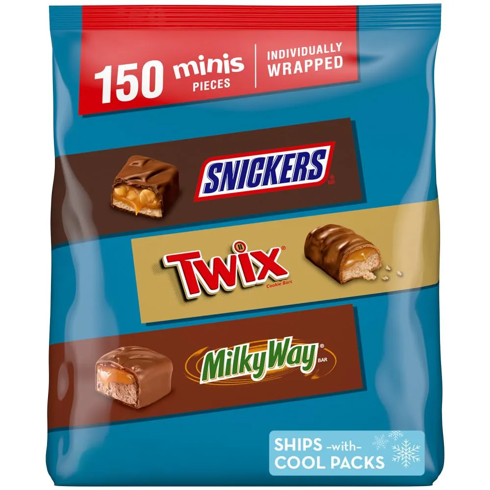SNICKERS, TWIX, & MILKY WAY Minis Chocolate Candy Bars Variety Pack, 150 Ct Bulk Bag