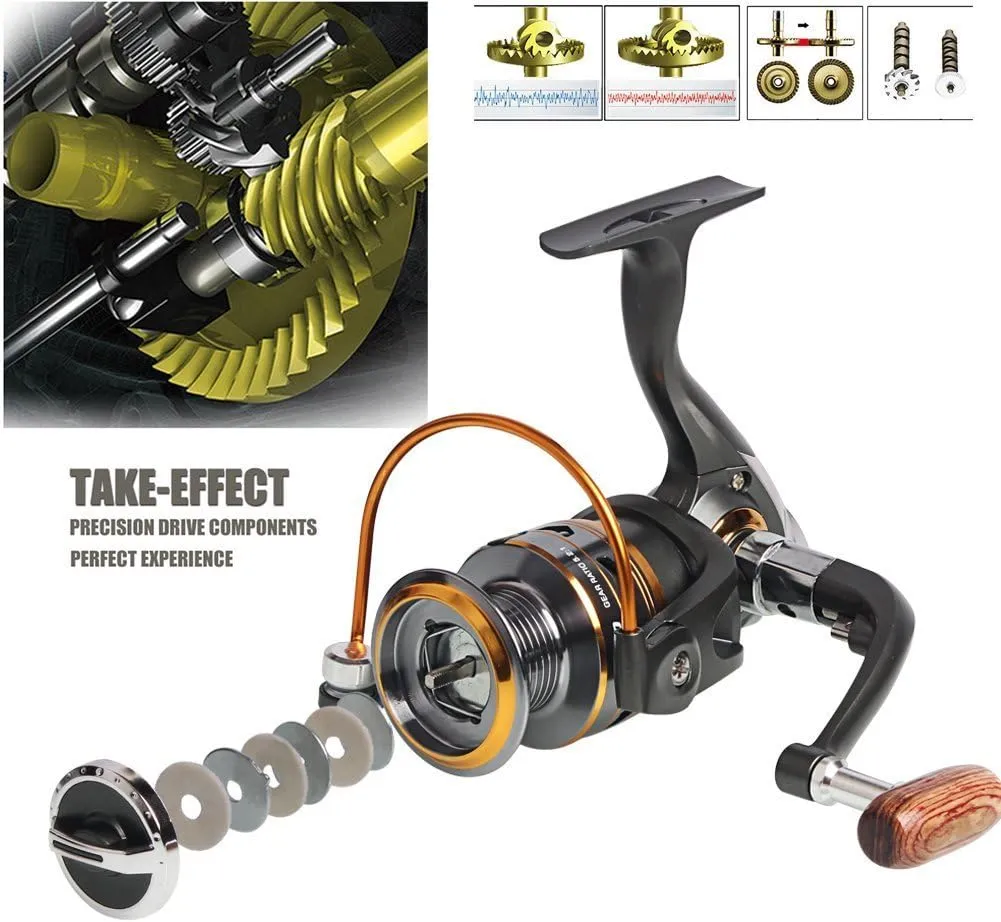 Sougayilang Spinning Fishing Reels with Left/Right Interchangeable Collapsible Wood Handle Powerful Metal Body 5.2:1/5.1:1 Gear Ratio Smooth 11BB for Inshore Boat Rock Freshwater Saltwater Fishing