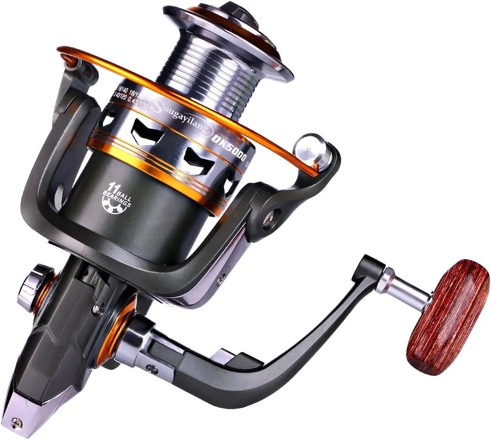 Sougayilang Spinning Fishing Reels with Left/Right Interchangeable Collapsible Wood Handle Powerful Metal Body 5.2:1/5.1:1 Gear Ratio Smooth 11BB for Inshore Boat Rock Freshwater Saltwater Fishing