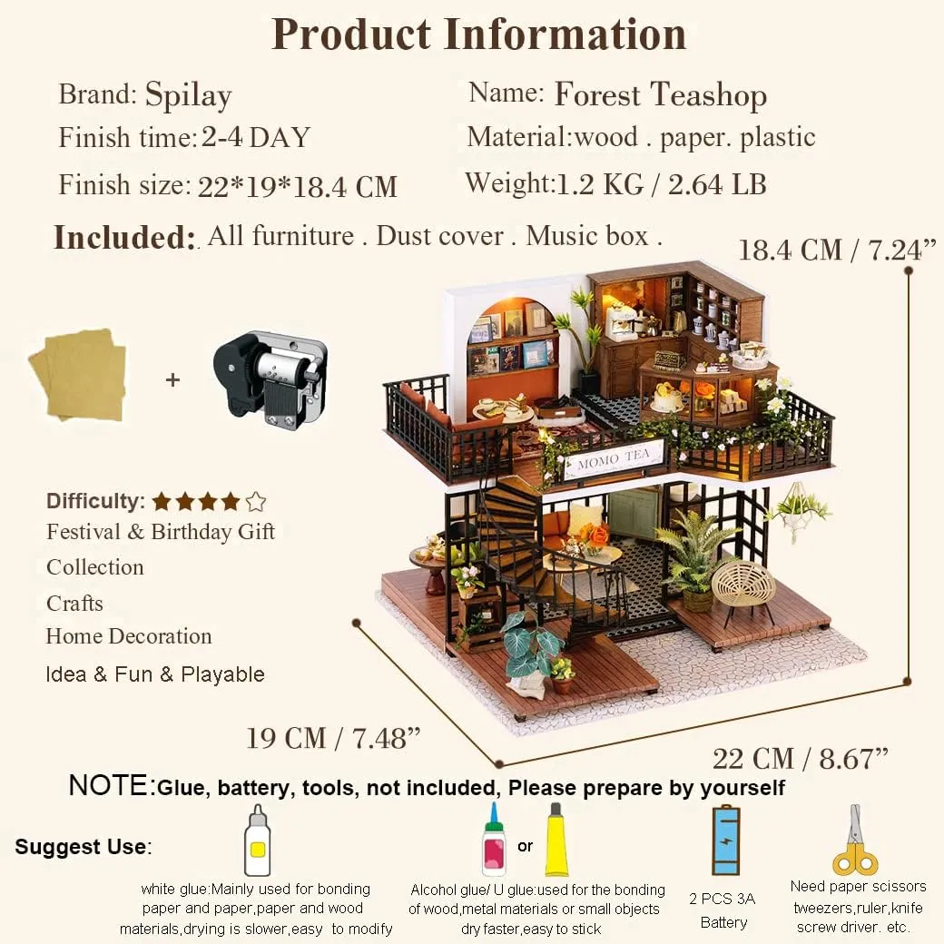 Spilay DIY Miniature Dollhouse Wooden Furniture Kit,Handmade Mini Modern Villa Model with Dust Cover and Music Box,1:24 Scale Creative Doll House Toys Best Birthday Gift for Friend Adult Lover LV001