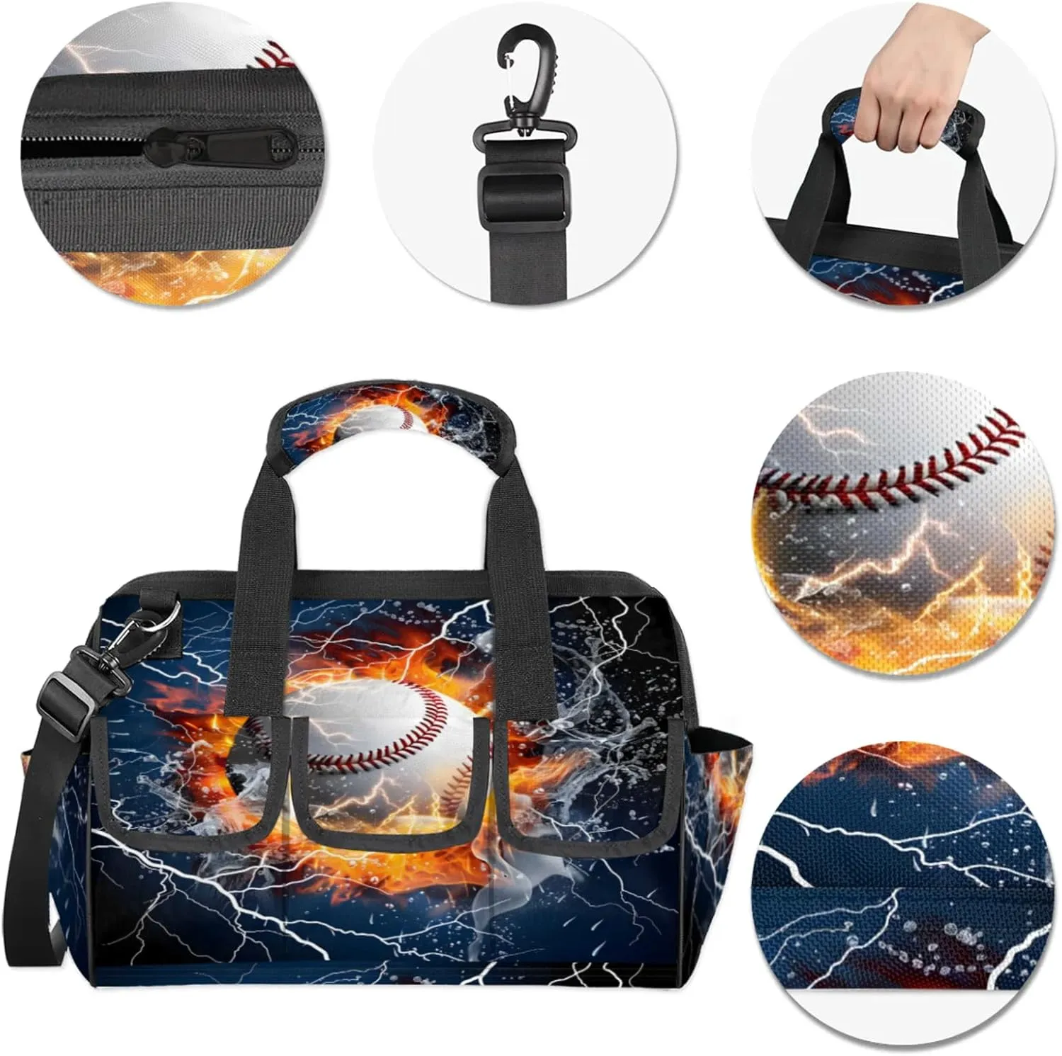 Sports Baseball Themed Heavy Duty Tool Bags for Men and Women 14.8 Inch, Soft Wide Mouth Tool Tote Organizer Bag with Adjustable Shoulder Strap