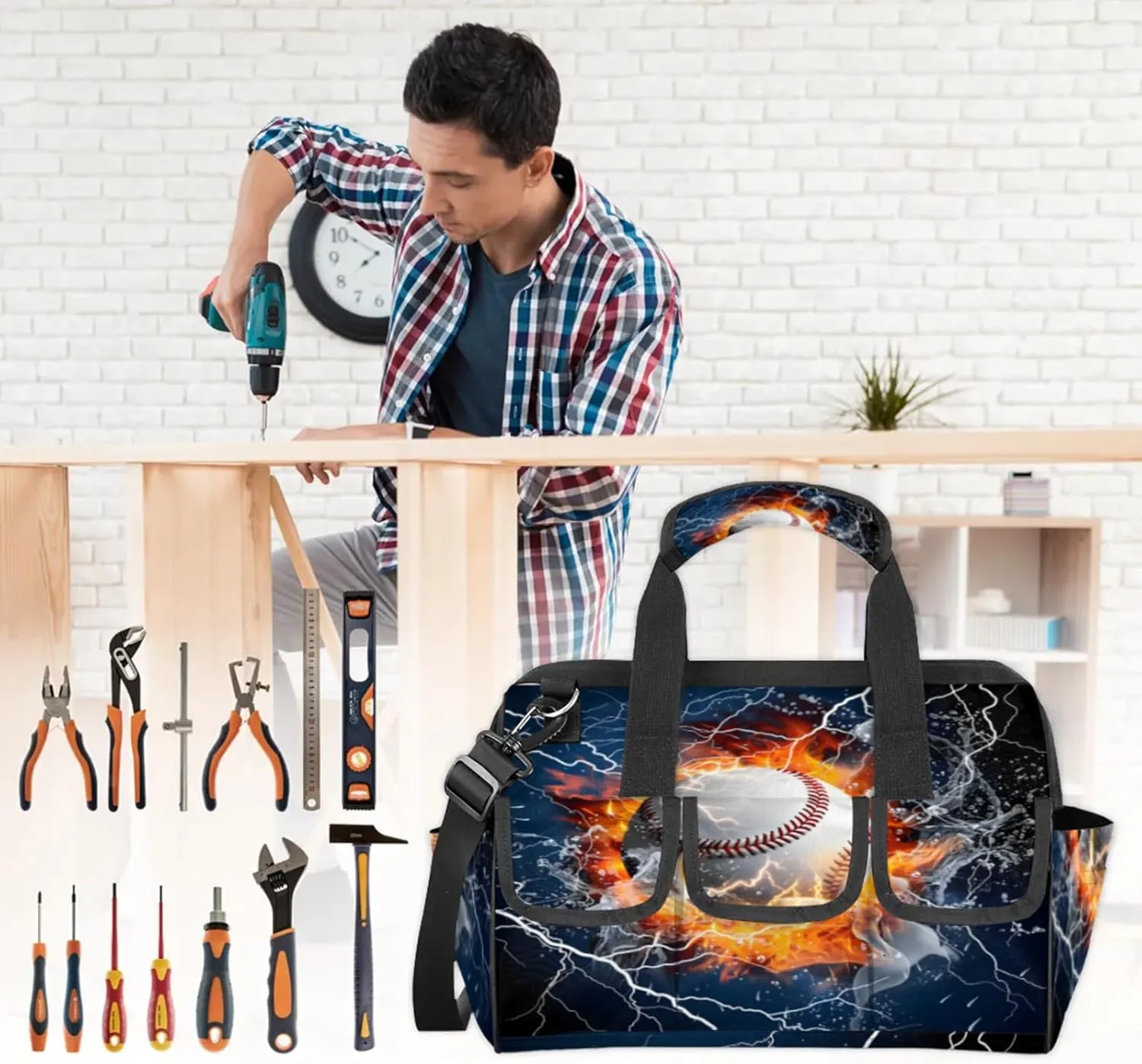 Sports Baseball Themed Heavy Duty Tool Bags for Men and Women 14.8 Inch, Soft Wide Mouth Tool Tote Organizer Bag with Adjustable Shoulder Strap