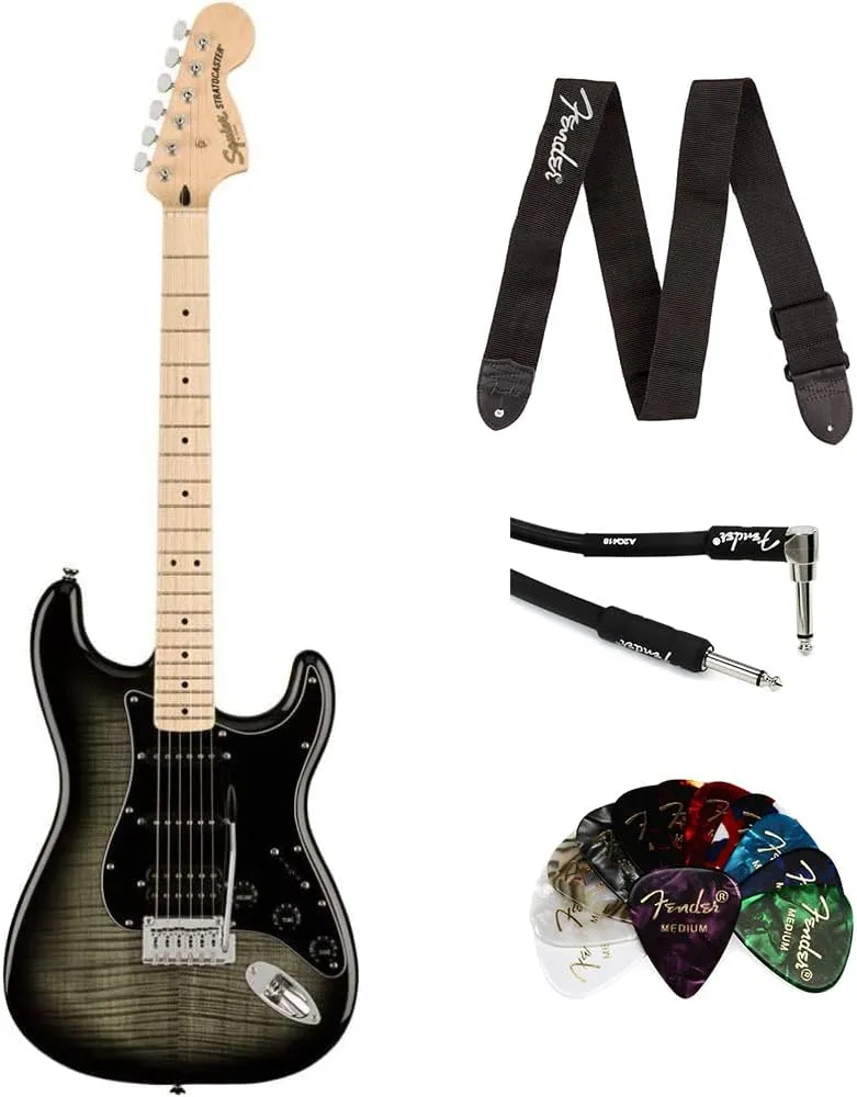 Squier Affinity Series Stratocaster FMT HSS Electric Guitar, Maple, Black Burst Bundle with Fender Professional Instrument Cable, Logo Guitar Strap and Classic Celluloid Guitar Picks 12-Pack