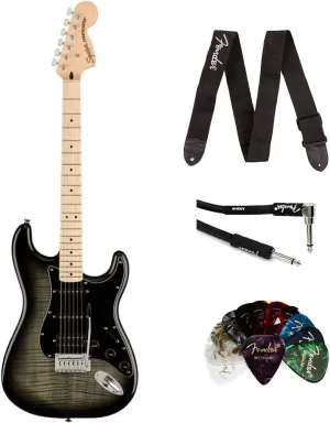 Squier Affinity Series Stratocaster FMT HSS Electric Guitar, Maple, Black Burst Bundle with Fender Professional Instrument Cable, Logo Guitar Strap and Classic Celluloid Guitar Picks 12-Pack