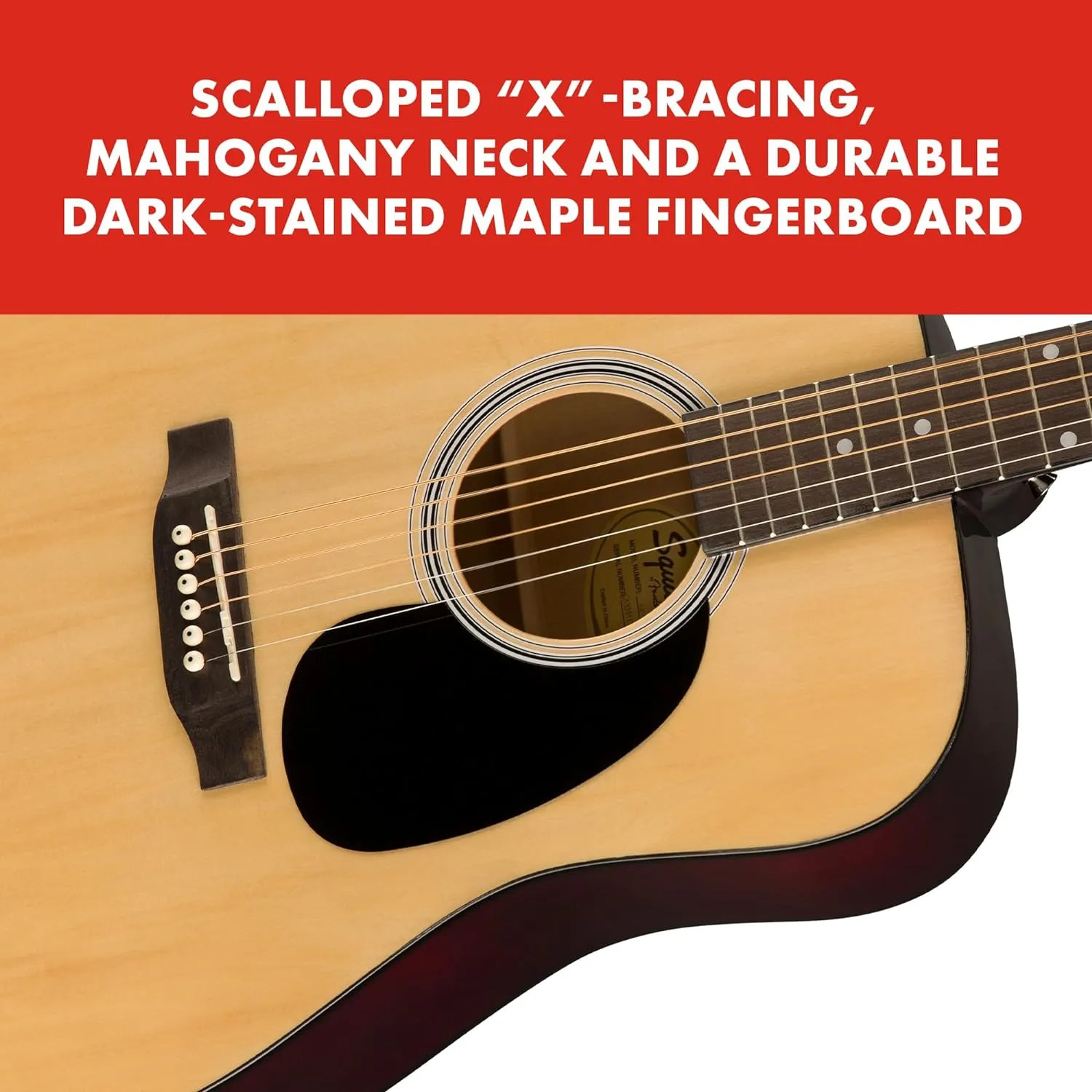 Squier by Fender Acoustic Guitar, with 2-Year Warranty, Dreadnought with Maple Fingerboard, Glossed Natural Finish, Mahogany Back and Side, Mahogany Neck, SA-150 Model