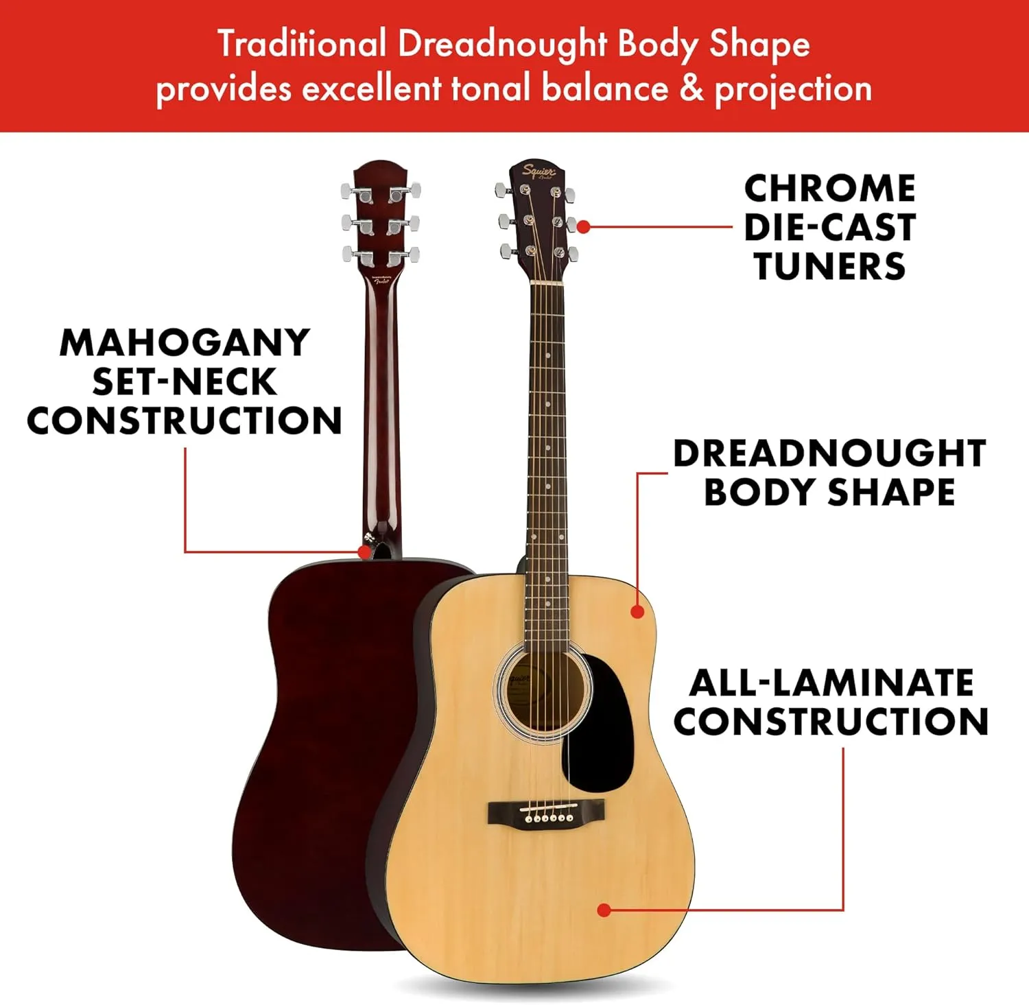 Squier by Fender Acoustic Guitar, with 2-Year Warranty, Dreadnought with Maple Fingerboard, Glossed Natural Finish, Mahogany Back and Side, Mahogany Neck, SA-150 Model