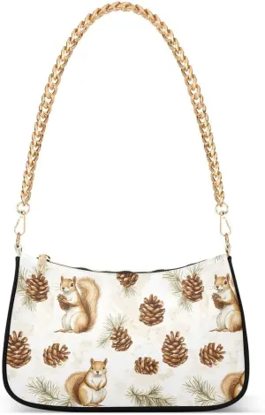 Squirrel Pine Cone Cartoon Tote Bag Hobo Handbag Shoulder Bag for Women Ladies Mini Clutch Purse with Zipper Closure
