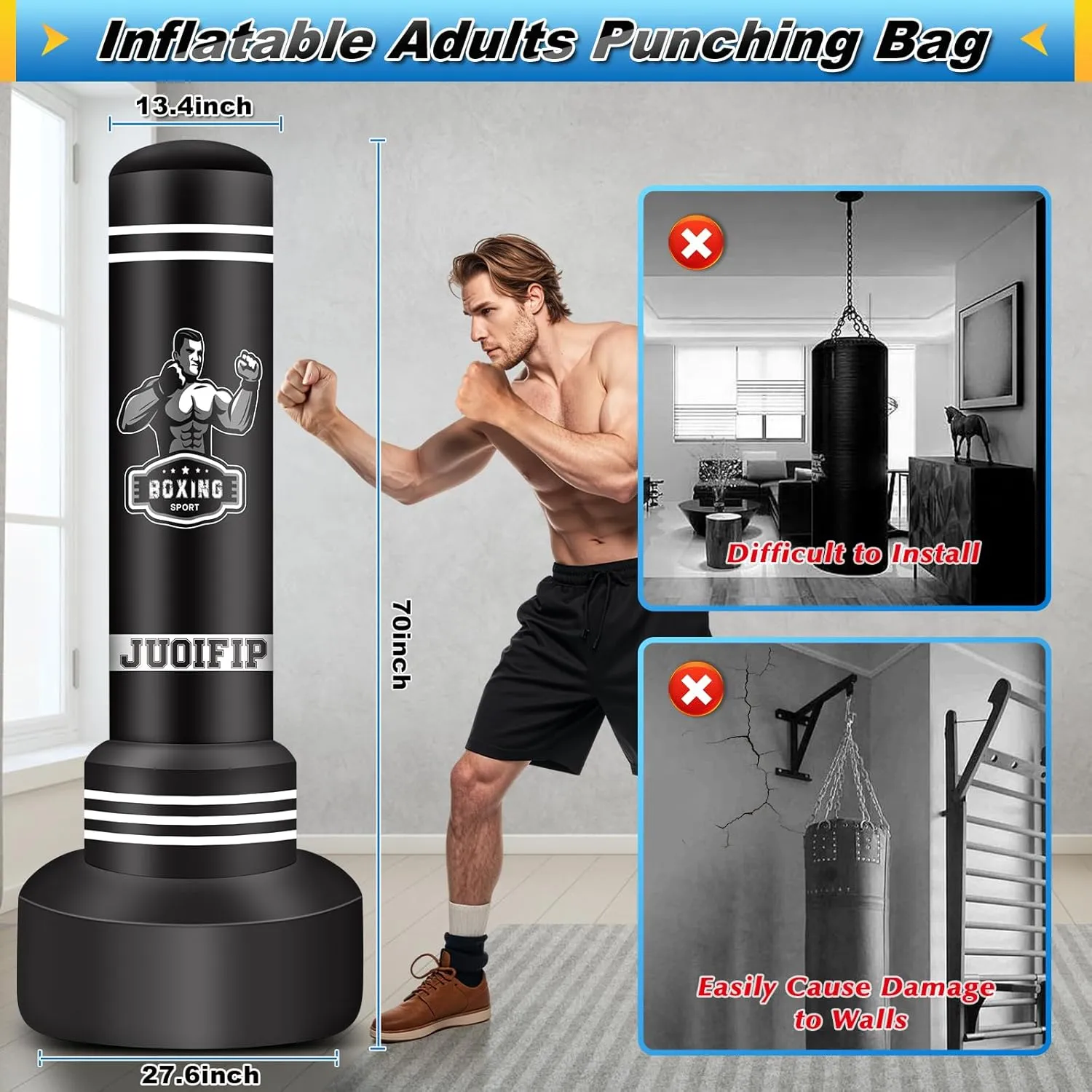 Standing Punching Bag for Adults, 70" Heavy Bag Boxing Bag Inflatable Kickboxing Bag for Men Women Teens, Kicking Bag Boxing Equipment for Training MMA Muaythai Fitness Karate
