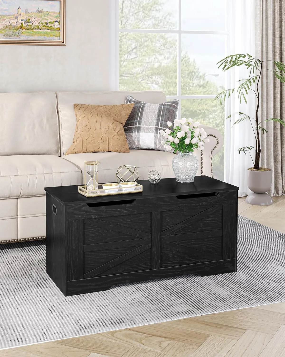 Storage Chest, Storage Trunk, Wooden Storage Bench - 35.4" Lift-Top Storage Organizer with 2 Safety Hinges, Shoe Bench for Entryway, Bedroom, Living Room, Black SB03404X