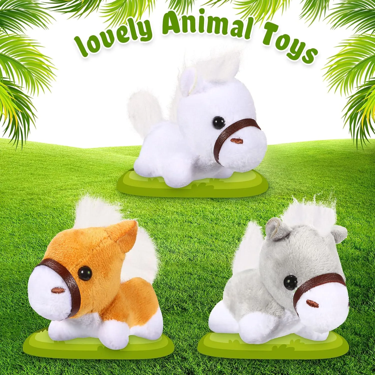 Stuffed Horse, 12 Pcs Assorted Toy Plushies, 3.2 Inch Mini Plush Animals Keychain Party Favors with Detachable Chain for Farm Party Supplies Christmas