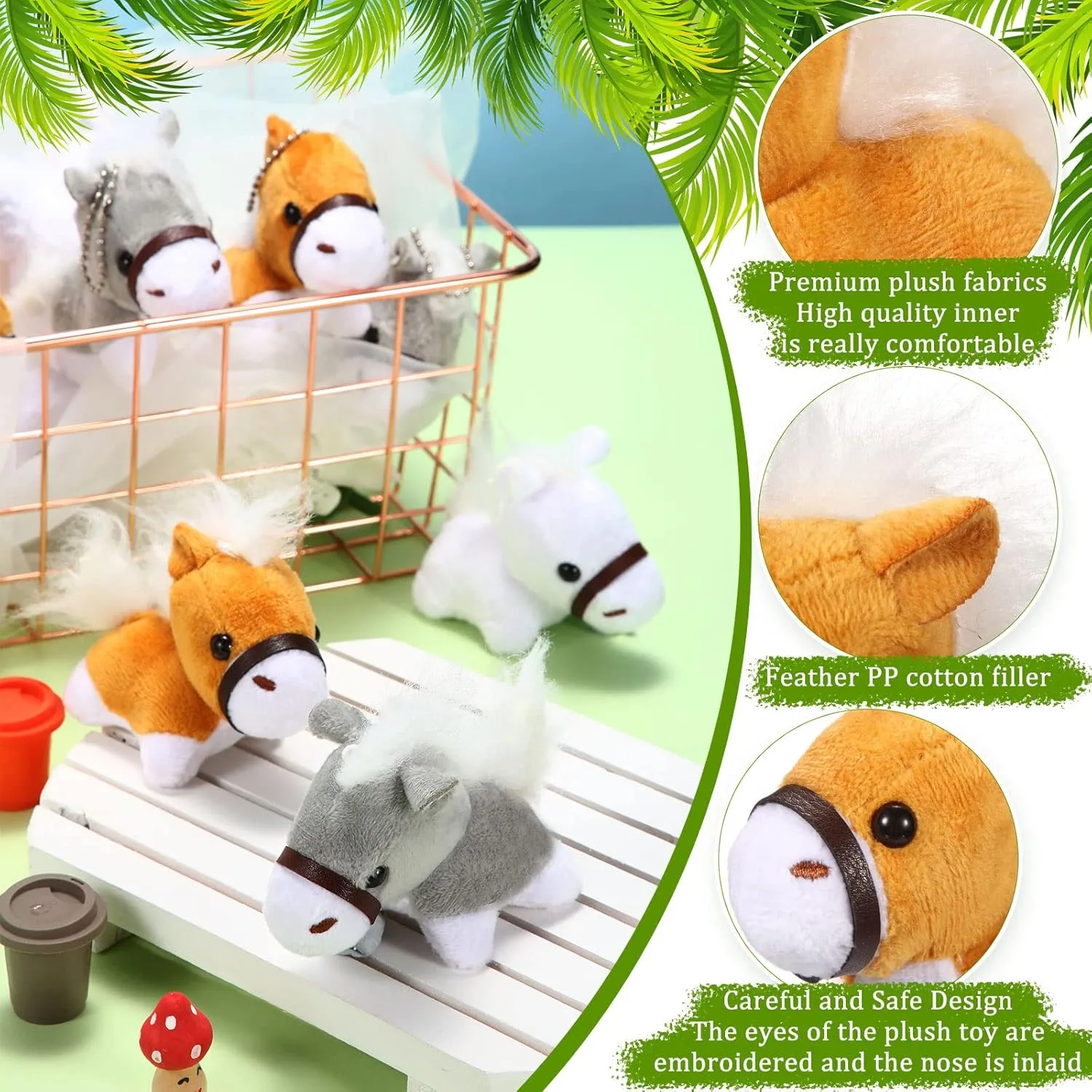 Stuffed Horse, 12 Pcs Assorted Toy Plushies, 3.2 Inch Mini Plush Animals Keychain Party Favors with Detachable Chain for Farm Party Supplies Christmas