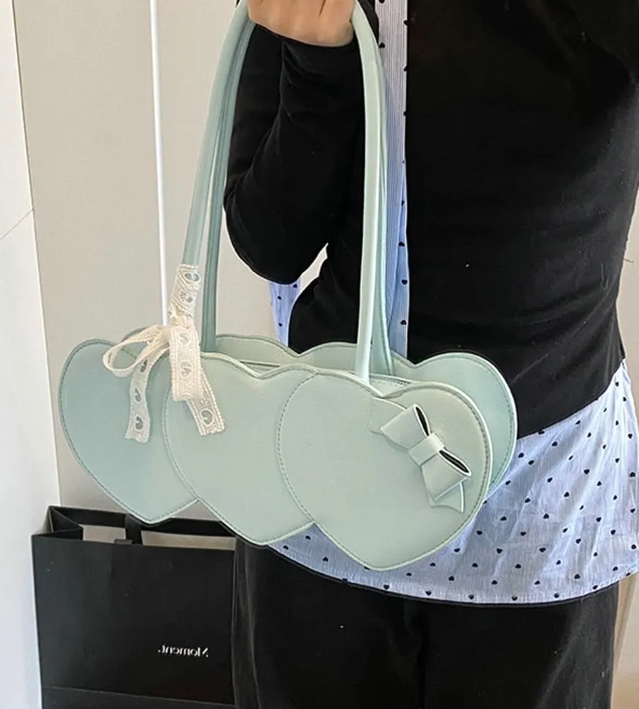 Stylish Shoulder Bag Purses for Women Heart-shaped Hobo Bags Ladies Clutch with Bowknot Ribbon Accessory