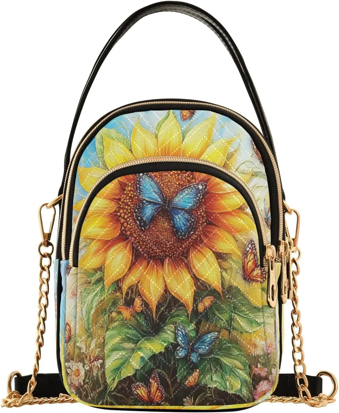 Sunflower Butterfly Leaf Blossom Crossbody Bag for Women Mini Cell Phone Purse Women's Shoulder Handbag