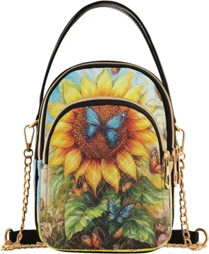 Sunflower Butterfly Leaf Blossom Crossbody Bag for Women Mini Cell Phone Purse Women's Shoulder Handbag