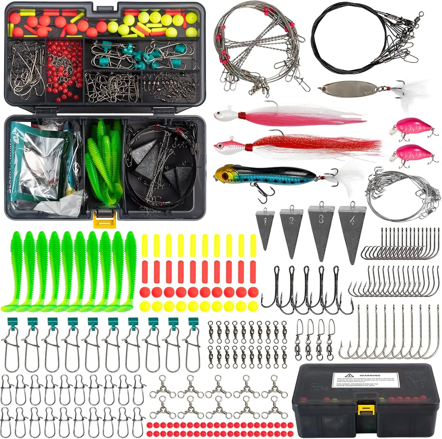 Surf Fishing Tackle Kit, 234Pcs Saltwater Fishing Gear Including Fishing Rigs, Soft Lures, Spook, Bucktail Jig, Pyramid Weight, Slide Foam Float, Hooks, Swivel Ocean Beach with Tackle Box