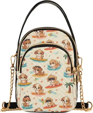 Surfboard Dog Puppy Palm Tree Crossbody Bag for Women Mini Cell Phone Purse Women's Shoulder Handbag