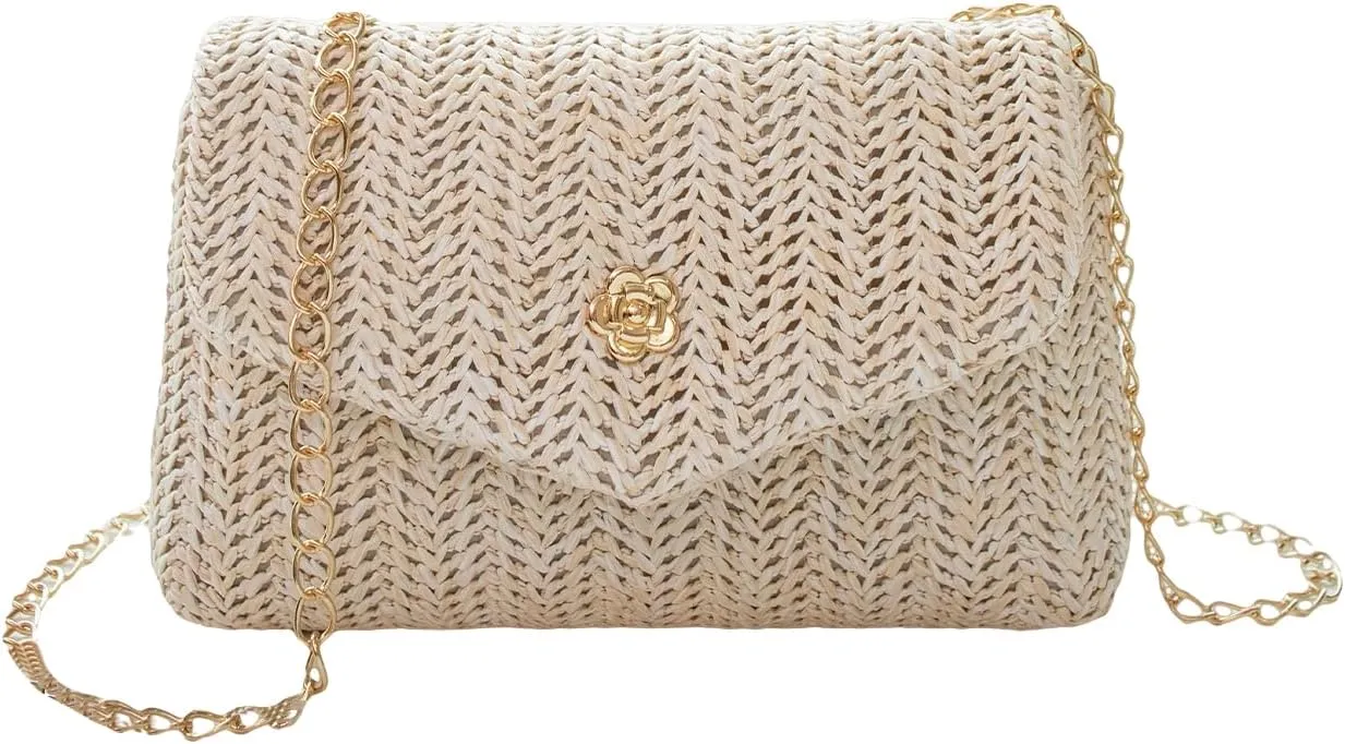 SweatyRocks Women's Chain Strap Crossbody Bag Mini Vacation Straw Clutch Bag