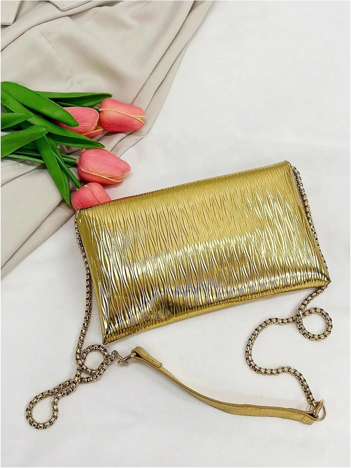 SweatyRocks Women's Metallic Crossbody Bag Flap Magnet Chain Strap Mini Envelope Evening Purse